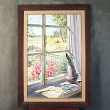 Картина с натюрмотром у окна в багетной раме с паспарту и слипом