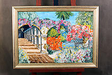 Картина маслом цветущего сада в деревянном багете