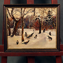 Картина маслом с зимним пейзажем в багетной раме 