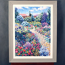 Картина с цветами в саду в раме с паспарту