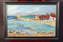 Картина маслом с морским  пейзажем в деревянном багете