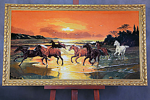 Гобелен с лошадьми на закате в деревянном багете