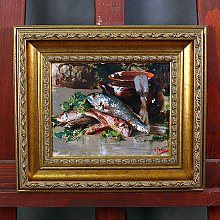 Натюрморт с рыбой в широкой багетной раме