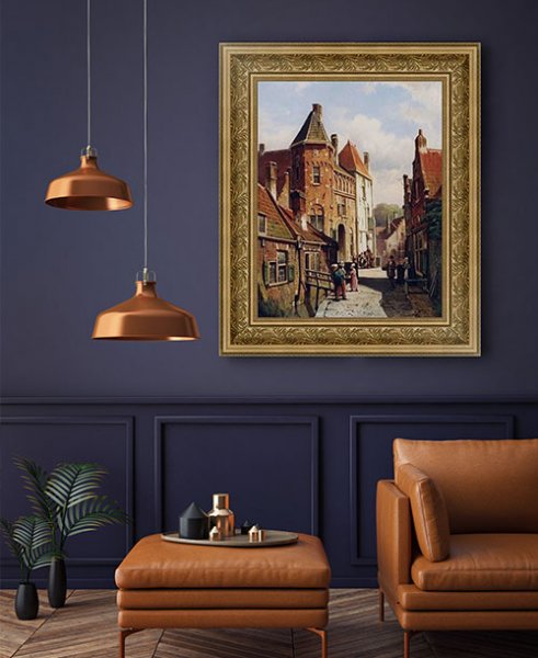 Картина с городским пейзажем в золотой багетной раме для классического интерьера