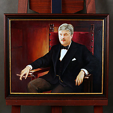 Коллаж мужчины с сигарой в кресле маслом в раме