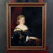 Коллаж женщины в черном платье маслом в раме