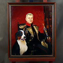 Коллаж мужчины в форме с собакой маслом 