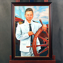Портрет по фото капитана у штурвала в раме на холсте