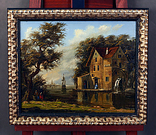 Старинный европейский пейзаж в дорогой багетной раме с ручным золочением