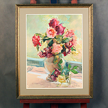 Акварель с цветами в вазе в раме с двойным паспарту