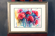Акварель с гвоздиками в раме с двойным паспарту