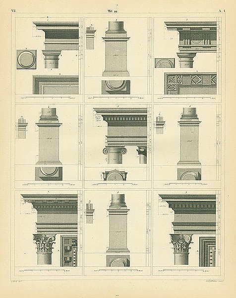 Тосканский, дорический и ионический антаблементы