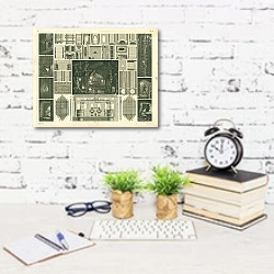 «Iconographic Encyclopedia: горные шахты и подъемники 1» в интерьере офиса с кирпичными стенами