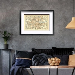 «Карта окрестностей Лондона, конец 19 в. 3» в интерьере гостиной в стиле лофт в серых тонах