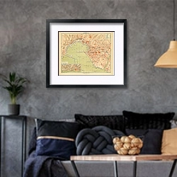 «Карта Генуи, конец 19 в. 3» в интерьере гостиной в стиле лофт в серых тонах