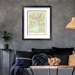 «Карта Нью-Йорка и его окрестностей, конец 19 в. 4» в интерьере гостиной в стиле лофт в серых тонах