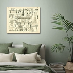 «Iconographic Encyclopedia: станки и инженерные механизмы» в интерьере зеленой спальни