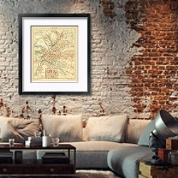 «Карта Дрездена, конец 19 в. 1» в интерьере гостиной в стиле лофт с кирпичной стеной