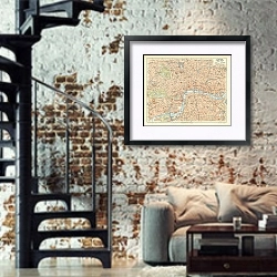 «Карта центральной части Лондона, конец 19 в. 1» в интерьере двухярусной гостиной в стиле лофт с кирпичной стеной