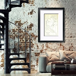 «Карта Аральского моря 1» в интерьере двухярусной гостиной в стиле лофт с кирпичной стеной