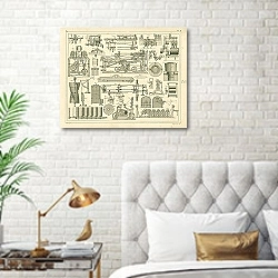 «Iconographic Encyclopedia: станки для обработки шерсти» в интерьере спальни с золотыми деталями