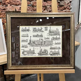 Антикварная гравюра "Паровозы"